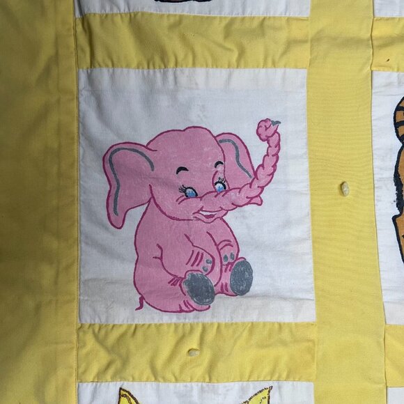 Vintage Handmade Quilt Hand Painted Animals Elephant Tiger Bunny Squirrel Yellow - Picture 12 of 16